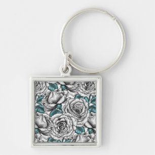White roses with blue leaves keychain