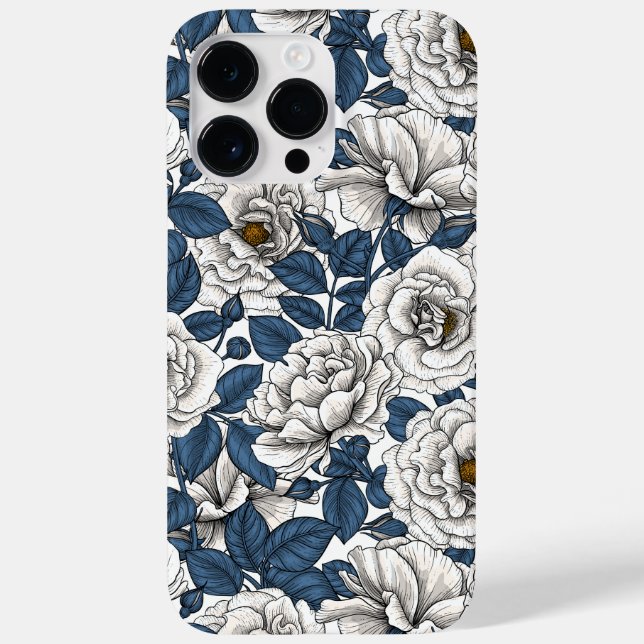 White roses with blue leaves on white Case-Mate iPhone case (Back)