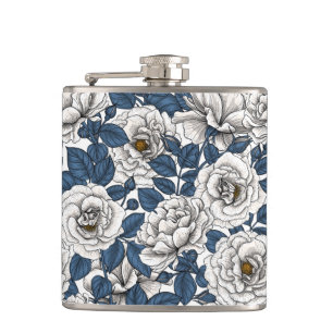 White roses with blue leaves on white hip flask