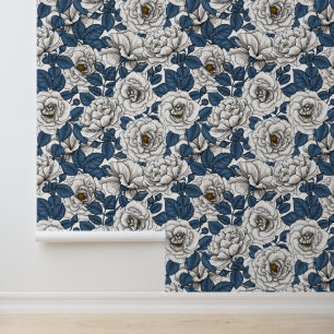 White roses with blue leaves on white wallpaper
