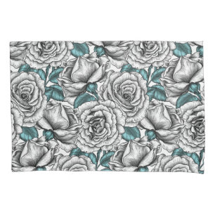 White roses with blue leaves pillowcase