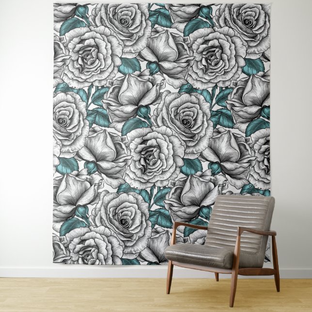 White roses with blue leaves tapestry (In Situ)