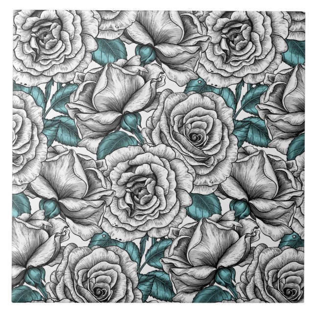 White roses with blue leaves tile (Front)