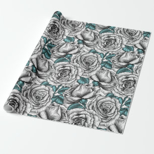 White roses with blue leaves wrapping paper