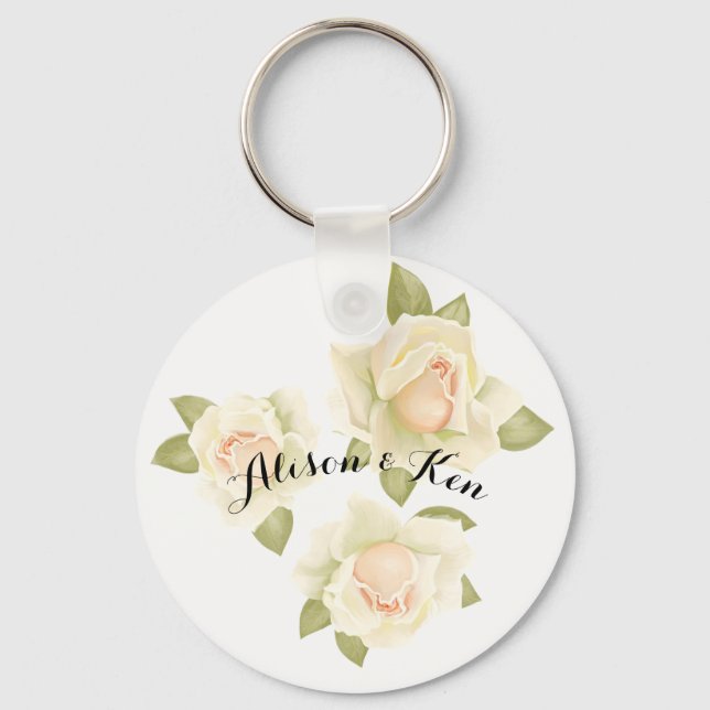 White roses With custom personalize name Keychain (Front)