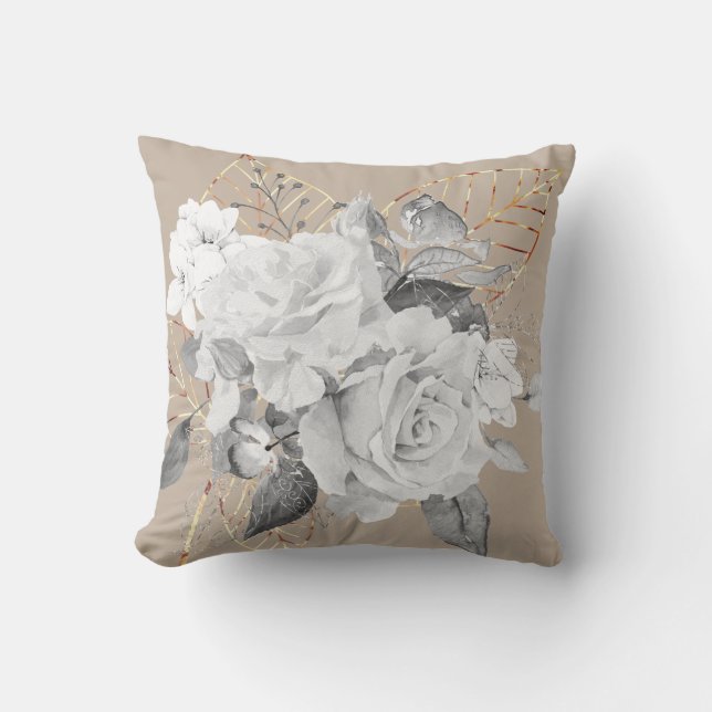 White Roses with Gold Leaf Throw Pillow (Front)