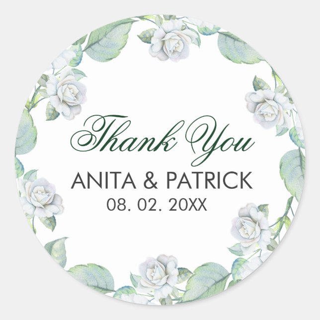 White Roses With Green Leafs Classic Round Sticker (Front)