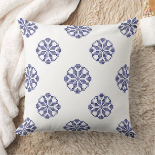 White & Royal Blue Modern Cross Stitch Lace Throw Pillow