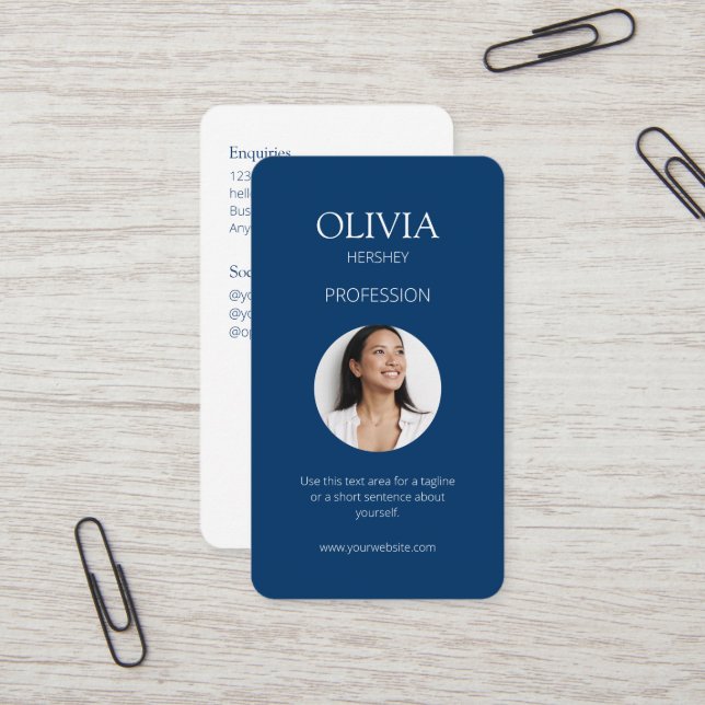 White / Royal Blue Photo Social QR Code  Business Card (Front/Back In Situ)