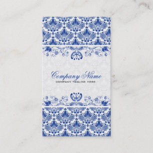 White & Royal Blue Retro Floral Damasks Pattern Business Card