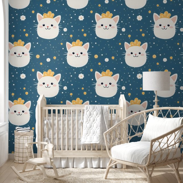 White Royal Cat Pattern Wallpaper (Kids)