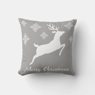 White Running Reindeer On Grey With Snowflakes Throw Pillow