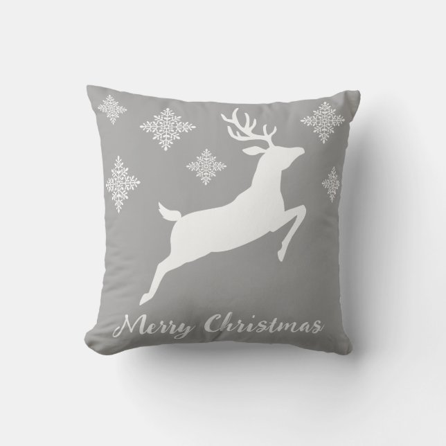 White Running Reindeer On Grey With Snowflakes Throw Pillow (Front)