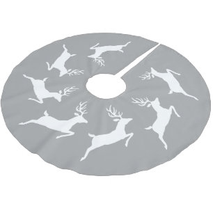 White Running Reindeer Silhouettes On Grey Brushed Polyester Tree Skirt