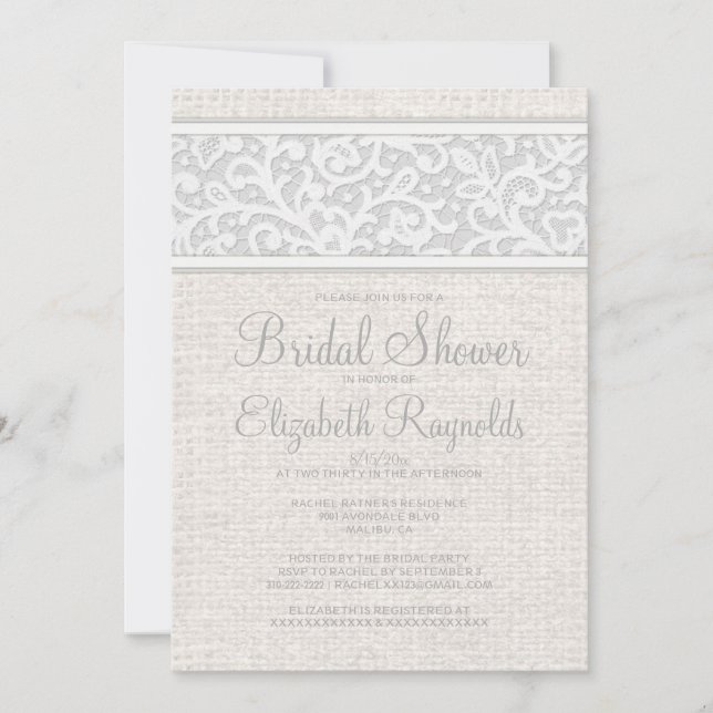 White Rustic Burlap Linen Bridal Shower Invitation (Front)