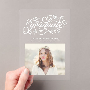 White Rustic Calligraphy Photo Graduation Acrylic Invitations