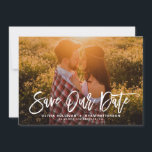 White Rustic Calligraphy Photo Save Our Date Save The Date<br><div class="desc">Stylish save the date announcement featuring rustic modern calligraphy with green leaves pattern. This will be a perfect save the date for spring and summer wedding. You can customize the back by adding your own pattern or adding another photo.</div>