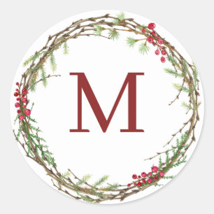 White Rustic Christmas Wreath Monogram Classic Round Sticker