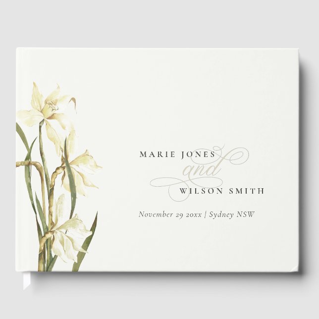 White Rustic Daffodil Floral Watercolor Wedding Guest Book (Front)