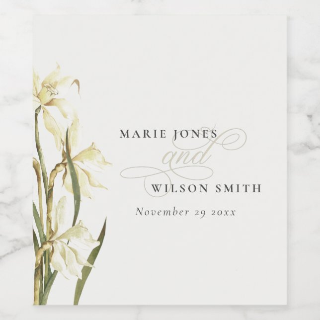 White Rustic Daffodil Floral Watercolor Wedding Wine Label (Single Label)