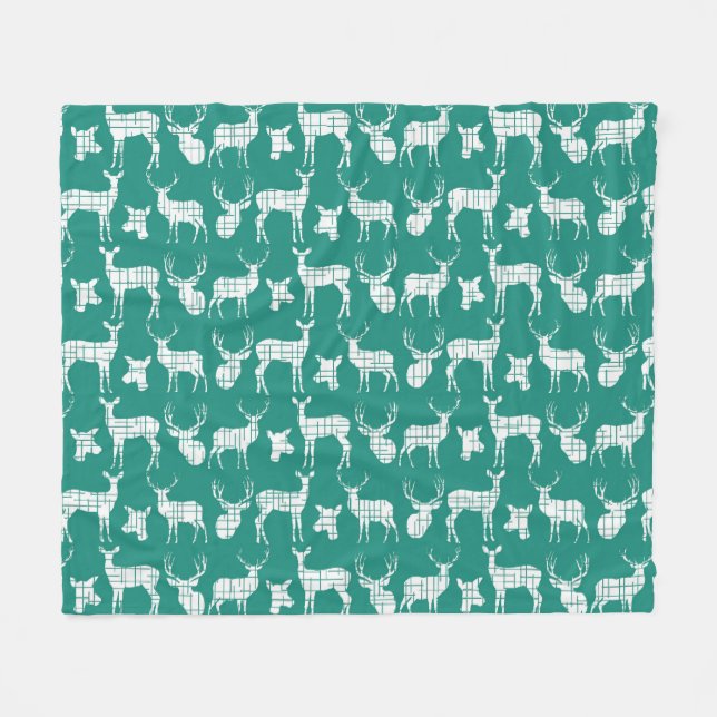 White Rustic Deer on Teal Fleece Blanket (Front (Horizontal))