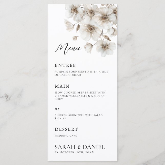 White Rustic Flower Elegant Wedding Menu (Front)