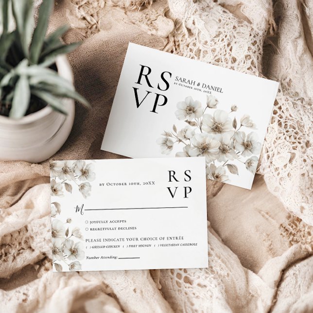White Rustic Flower Elegant Wedding RSVP Card (Creator Uploaded)