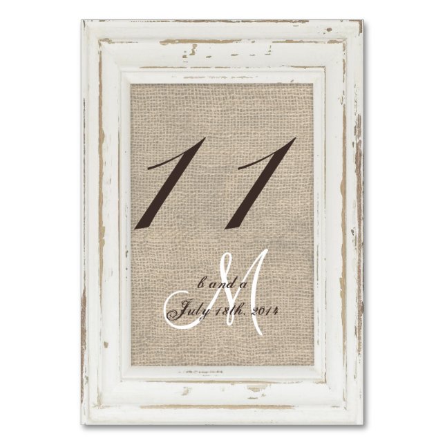 White Rustic Frame and Burlap Table Number Card (Front)