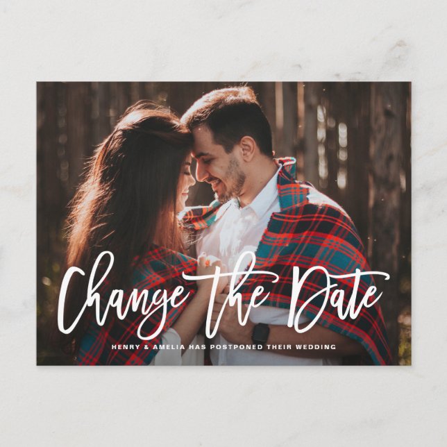 White Rustic Hand Lettered Change the Date Photo Announcement Postcard (Front)
