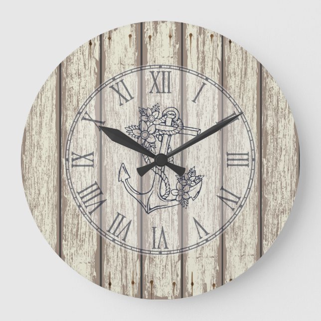 White Rustic Painted Wood Floral Nautical Anchor Large Clock (Front)