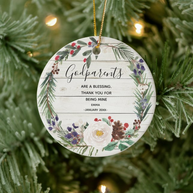 White Rustic Winter Flowers Godparents Christmas Ceramic Ornament (Tree)