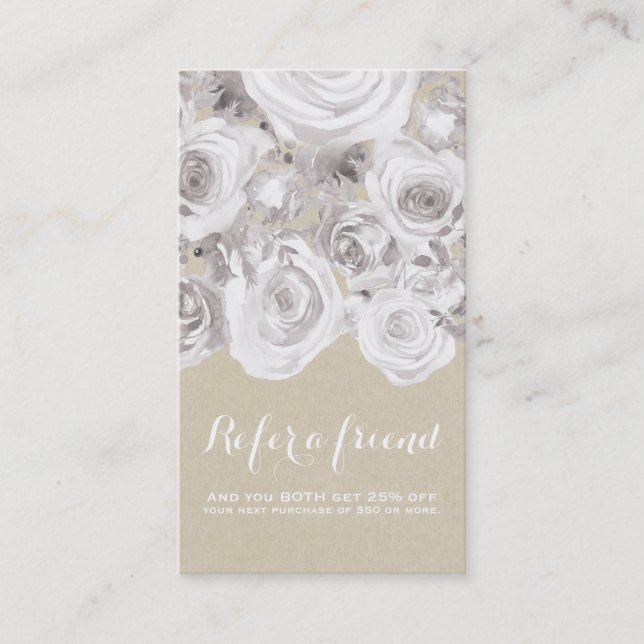 White Rustic Winter Roses Kraft Floral Chic Referral Card (Front)