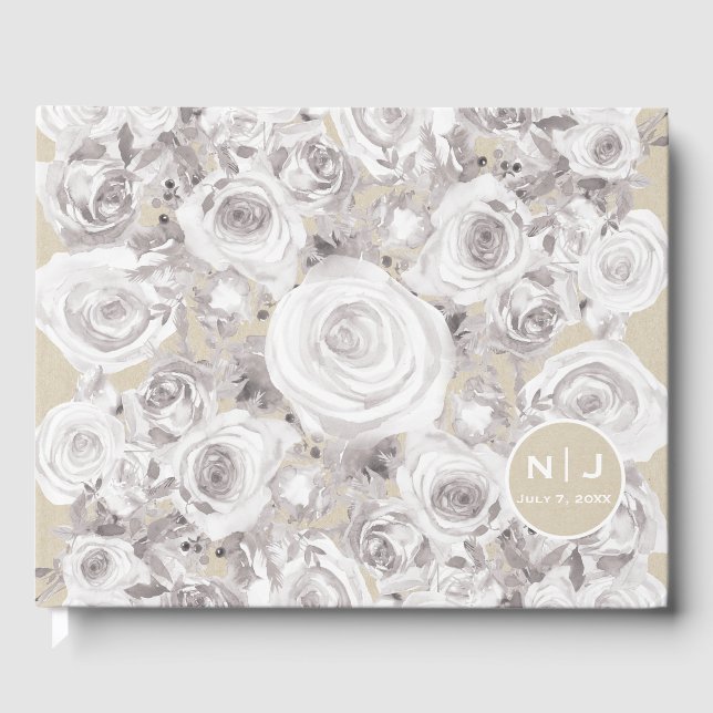 White Rustic Winter Roses Kraft Wedding Elegant Guest Book (Front)