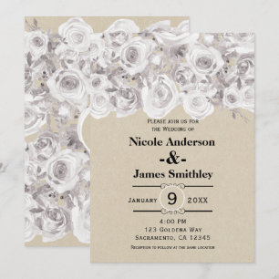 White Rustic Winter Roses Kraft Wedding Invitation