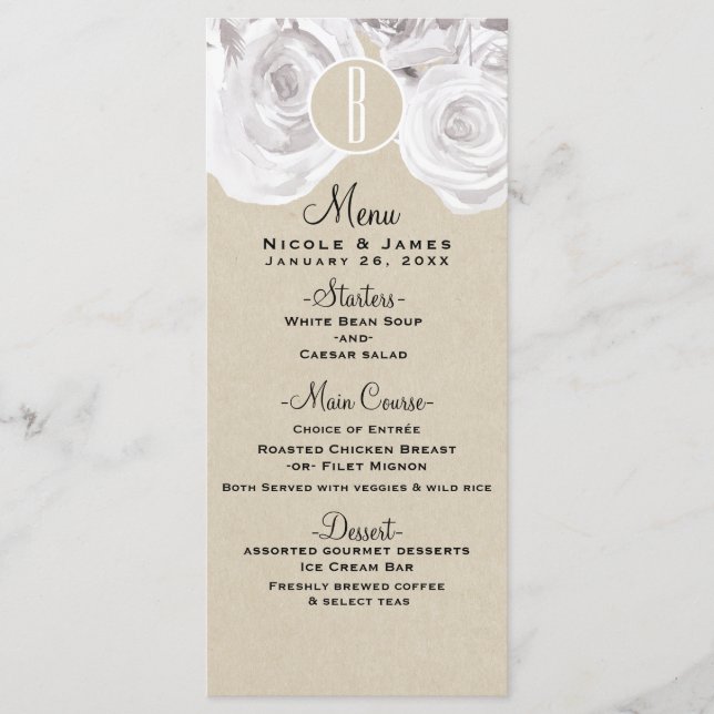White Rustic Winter Roses Kraft Wedding Menu Card (Front)