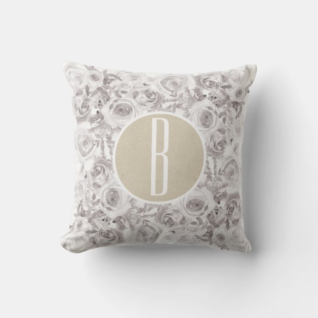 White Rustic Winter Roses Monogram Letter Initial Throw Pillow (Front)