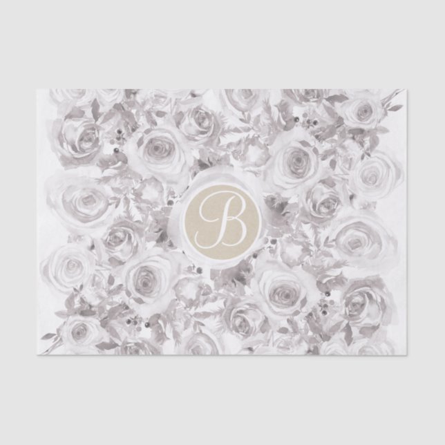 White Rustic Winter Roses Monogram Letter Initial Tissue Paper (Front)