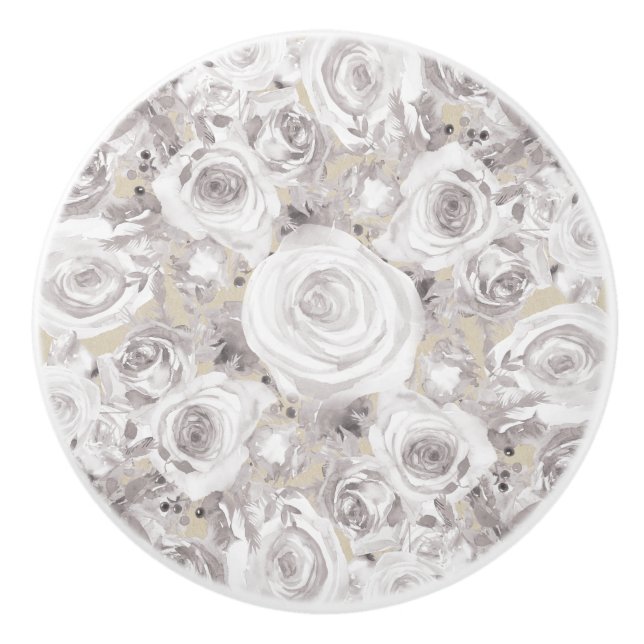 White Rustic Winter Roses Shabby Chic Kraft Ceramic Knob (Front)