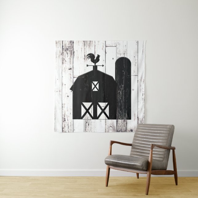 White Rustic Wood Black Barn Farm Party Backdrop Tapestry (In Situ)