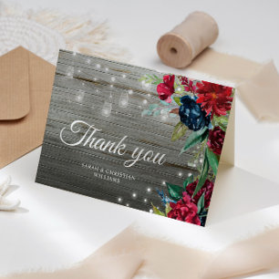 White Rustic Wood Burgundy Floral Lights Wedding Thank You Card
