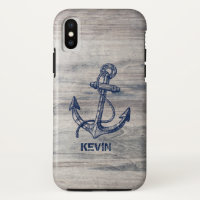White Rustic Wood With Blue Nautical Boat Anchor