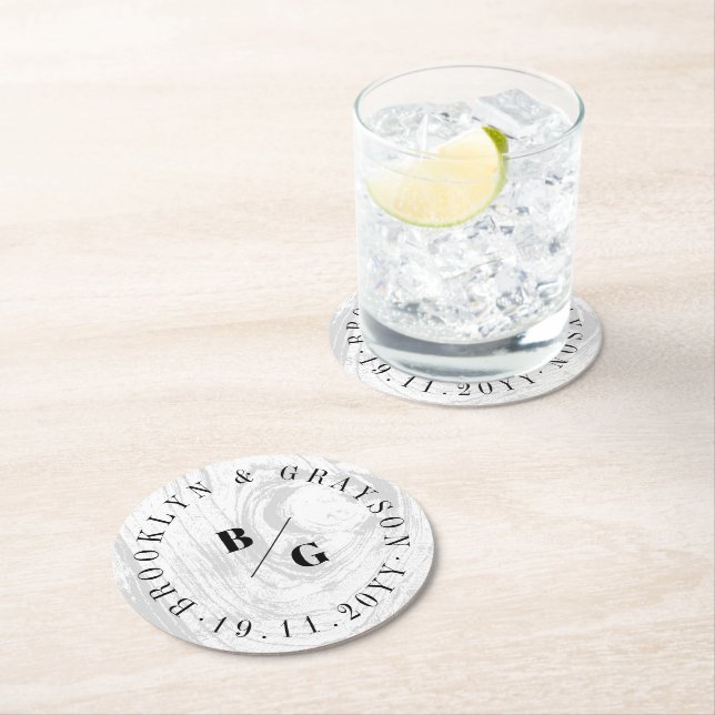 White Rustic Woodgrain Texture Chic Winter Wedding Round Paper Coaster (Insitu)