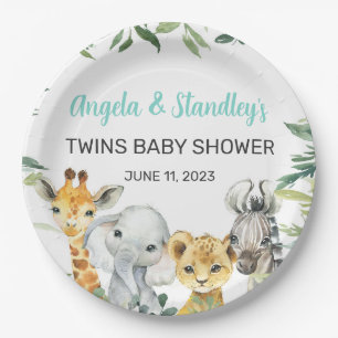 White safari animals baby shower paper plates. paper plate