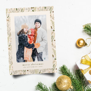 White Sage Floral Merry Christmas Family Photo  Holiday Card