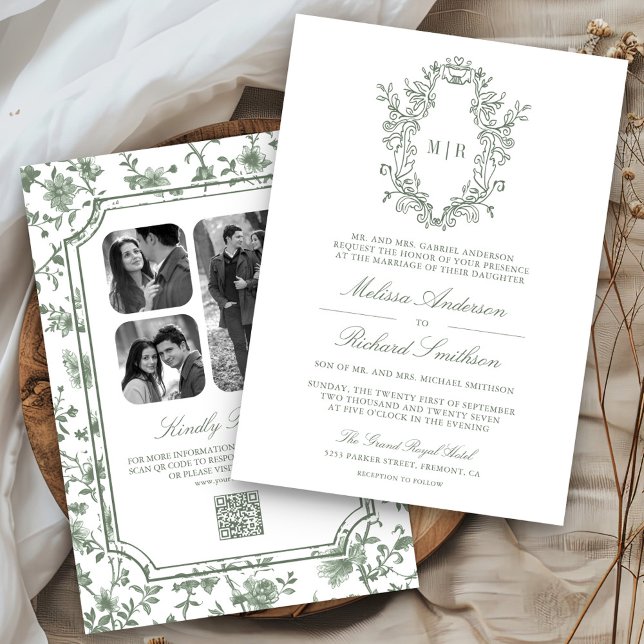 White Sage Green Chinoiserie Crest QR Code Wedding Invitation (Creator Uploaded)