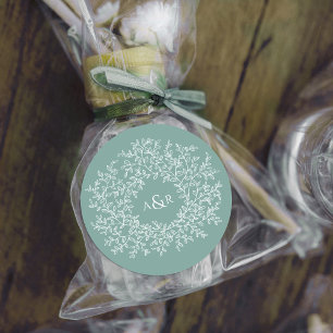 White Sage green circle of leaves monogram wedding Classic Round Sticker