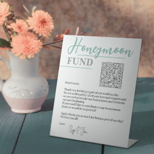  White & Sage Green Elegant QR Code Honeymoon Fund Pedestal Sign