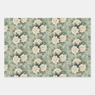 White Sage Green Floral Botanical Gift Wrapping Paper Sheet