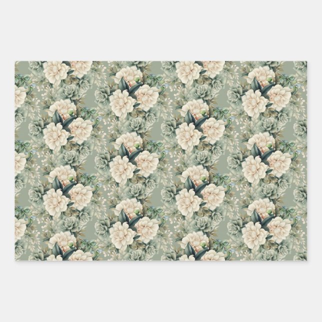 White Sage Green Floral Botanical Gift Wrapping Paper Sheet (Front)
