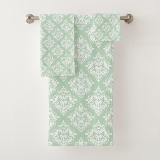 White & Sage Green Floral Damasks Pattern Bath Towel Set (Insitu)